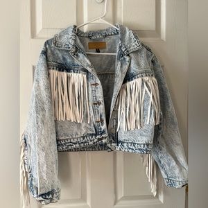 blanknyc white fringe jean jacket